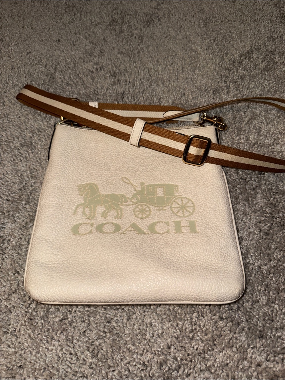 COACH Cream Pebble Leather Crossbody with Brown Striped Strap